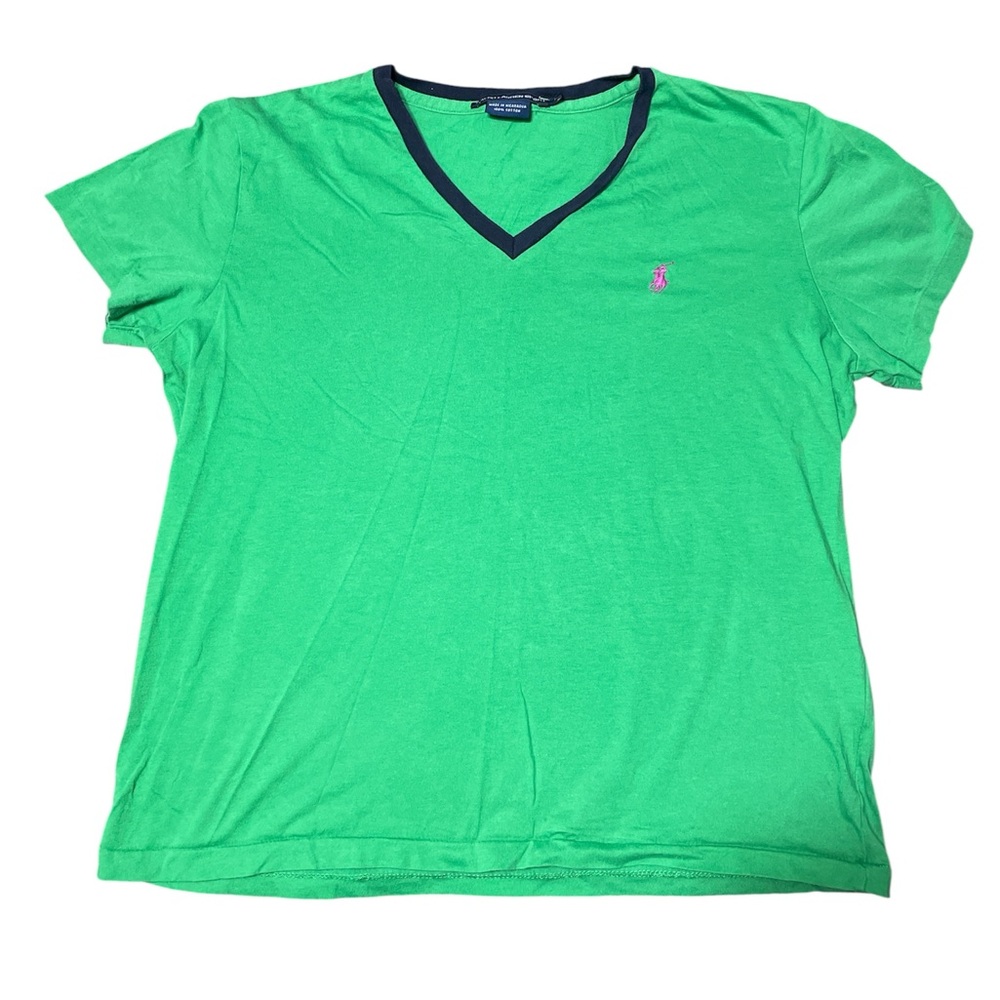 Polo Ralph Lauren Green V-Neck T-Shirt with Pink Emblem